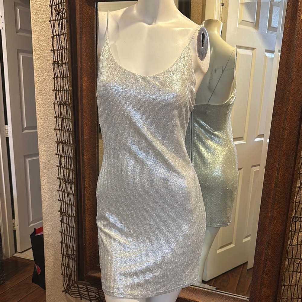 Alice + Olivia Shimmering Silver Mini Dress